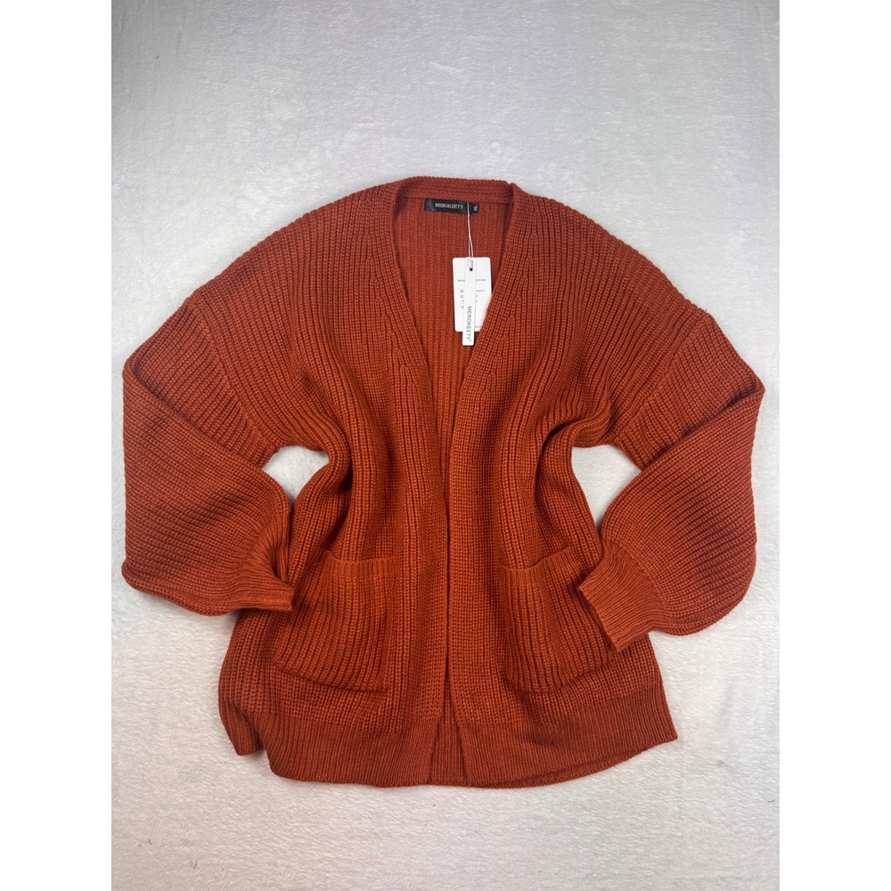 Merokeety Rust Orange Chunky Knit Open Front Cardigan Sweater XL New